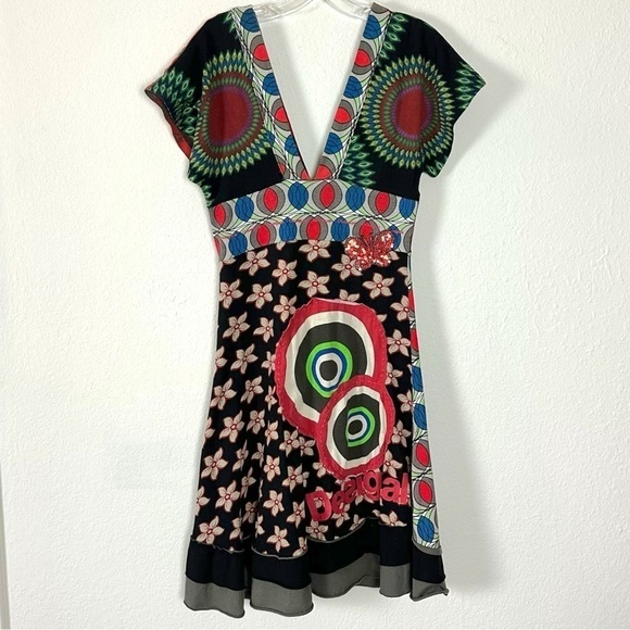 Desigual A Line Dress XS Vintage Y2K Patchwork Sequin Butterfly Plunge V Neck - Picture 4 of 14